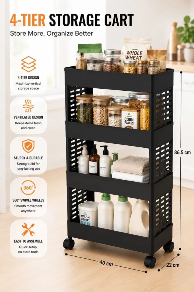 Cantus 4 Compartments Plastic Trolly Rack (Black)