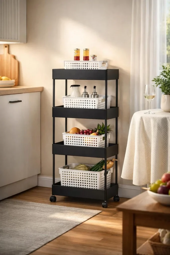 Cantus 4 Compartments High Quality Plastic Portable Storage Trolly (Black)